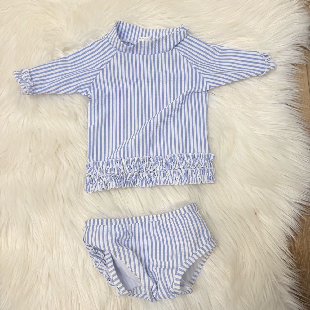 Ruffle Butts Blue and White Striped Rashguard Set - Size 3-6 months